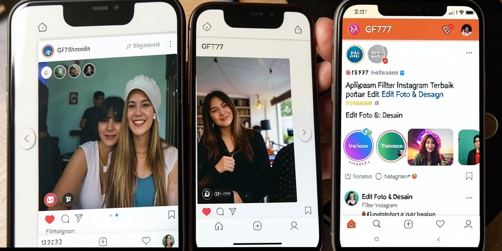 Tampilan antarmuka GF777 menampilkan pilihan filter Instagram yang beragam.