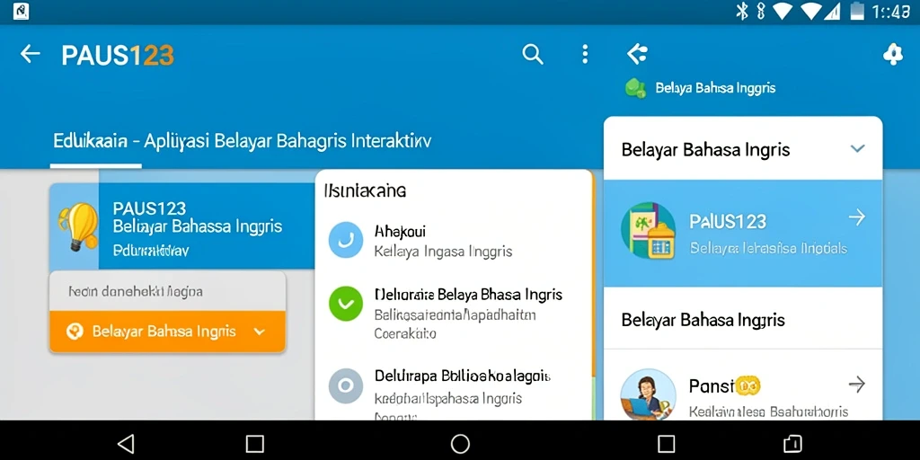 Antarmuka aplikasi PAUS123 untuk belajar bahasa Inggris yang interaktif.
