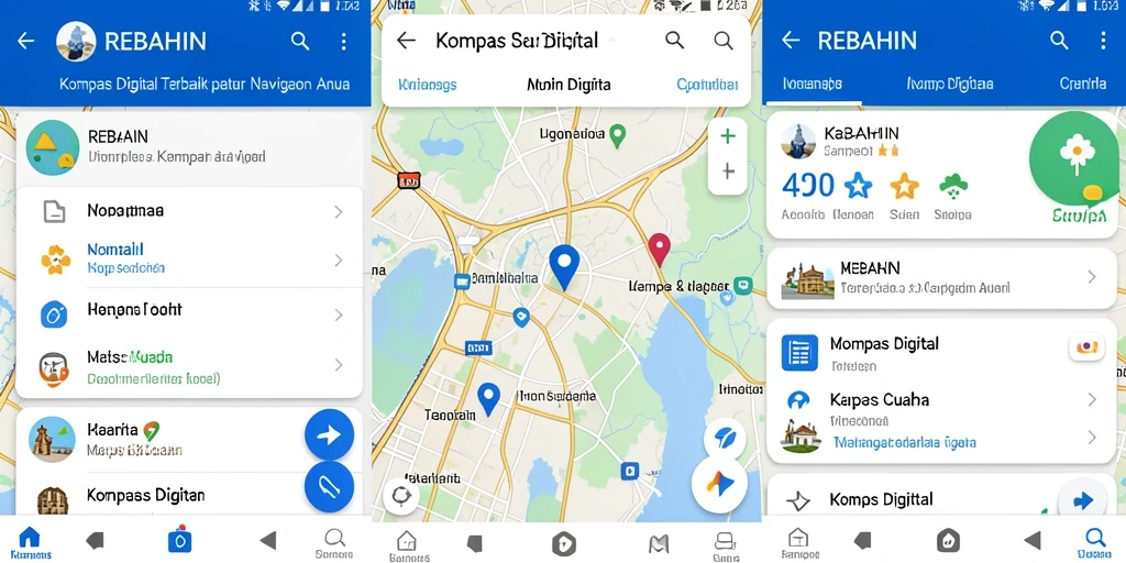 Antarmuka aplikasi REBAHIN menampilkan kompas digital yang akurat dan informatif.